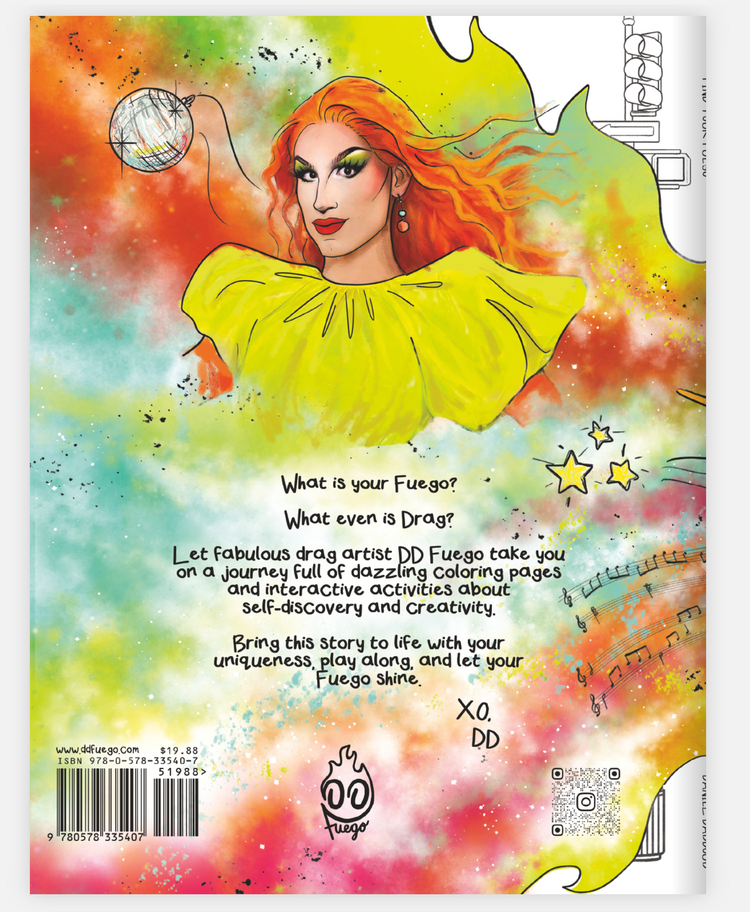 Back cover of the book "Find Your Fuego: Color Your World With Drag"